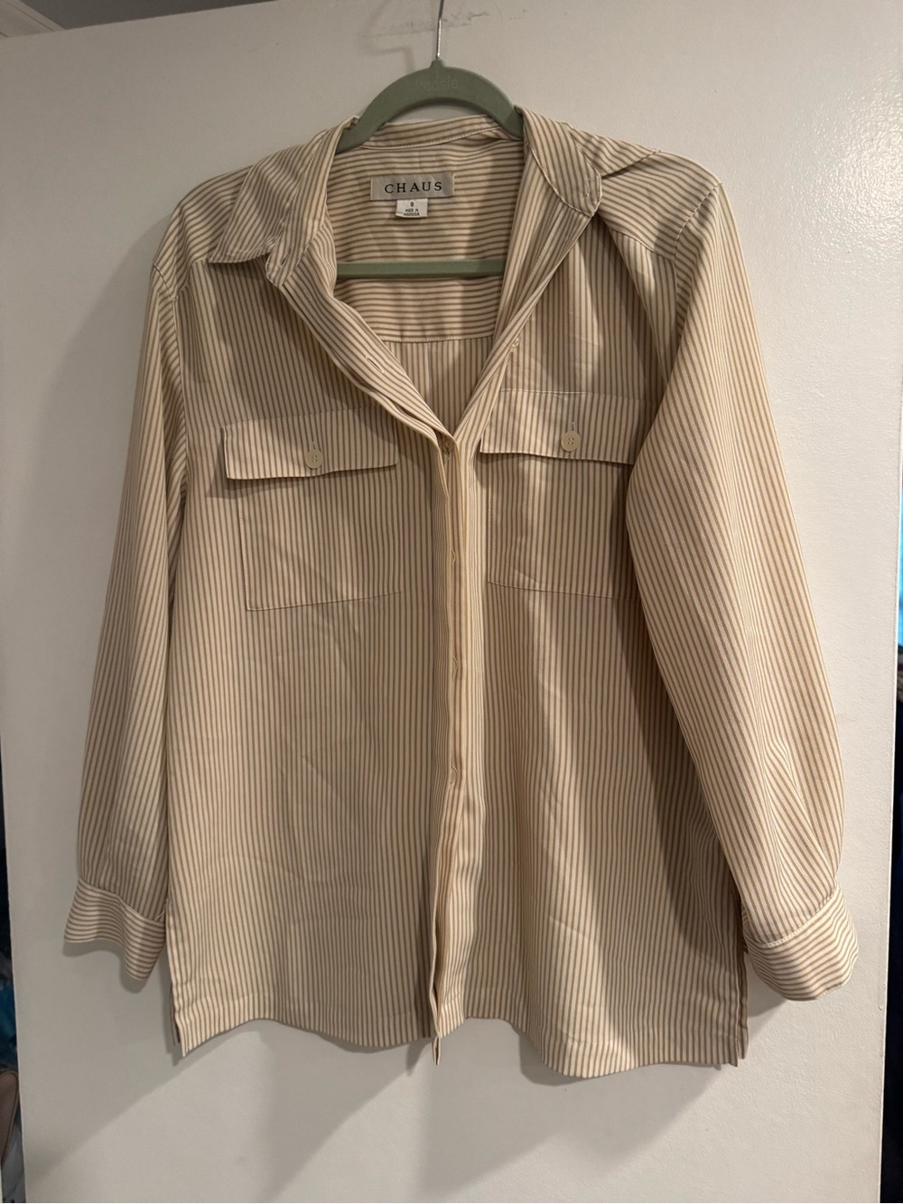 Vintage Chaus Cream Beige Striped Collared Button Front Shirt size 8